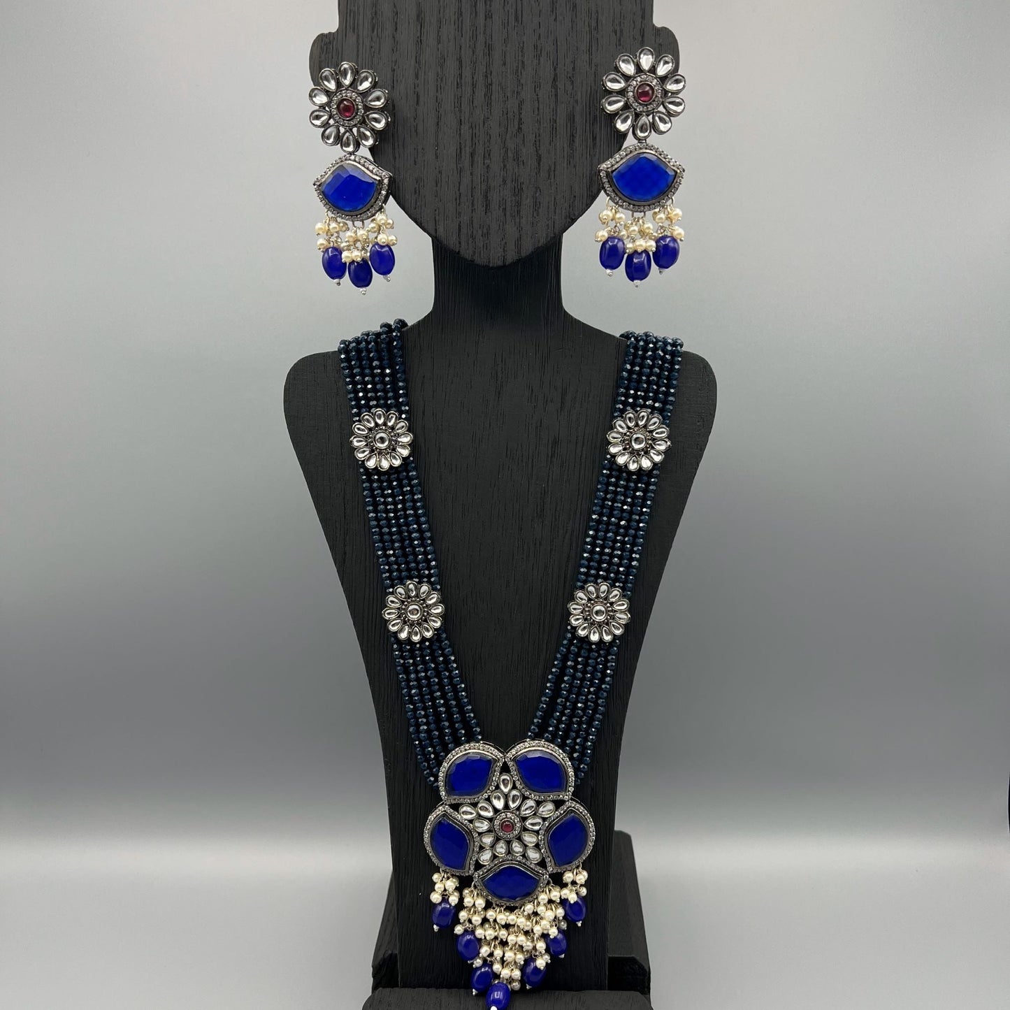 Fashion - Statement Navy Blue Oxidized, Bead Mix Necklace Set