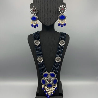 Fashion - Statement Navy Blue Oxidized, Bead Mix Necklace Set