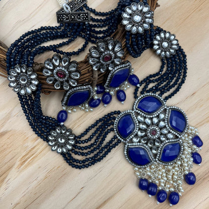 Fashion - Statement Navy Blue Oxidized, Bead Mix Necklace Set