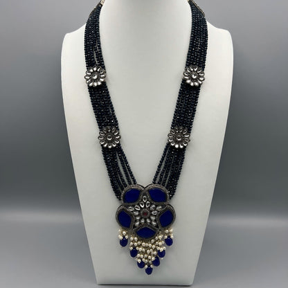 Fashion - Statement Navy Blue Oxidized, Bead Mix Necklace Set