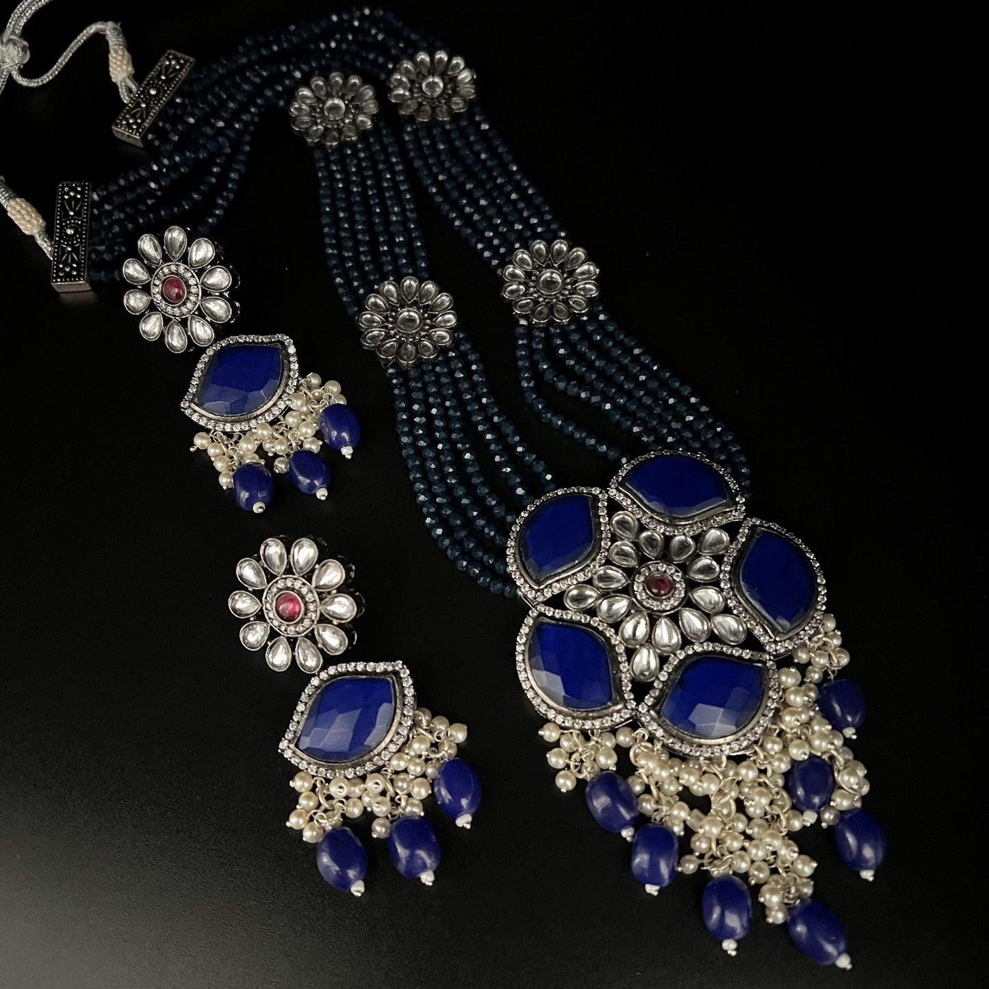 Fashion - Statement Navy Blue Oxidized, Bead Mix Necklace Set