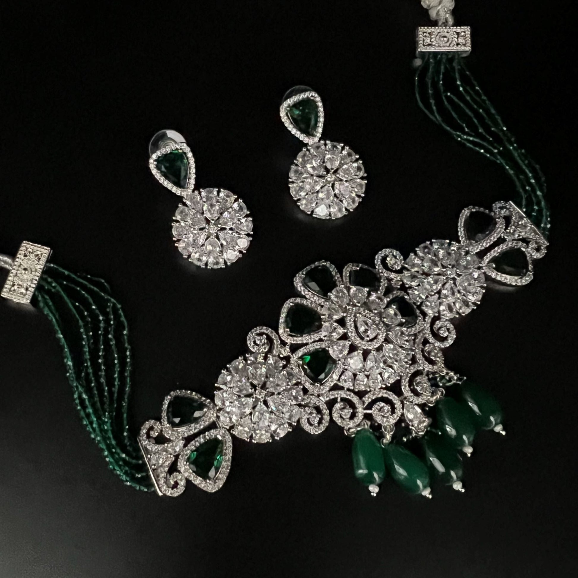 Fashion - Gorgeous Designer Emerald Green AD/CZ Stone, Bead Mix Necklace Set