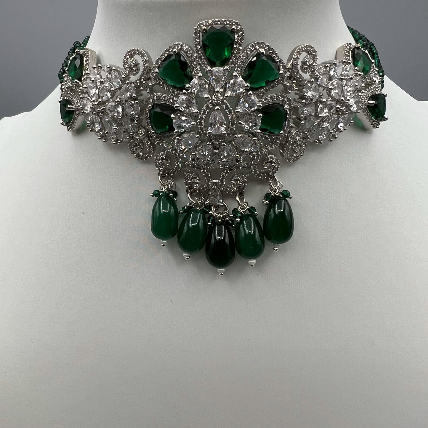 Fashion - Gorgeous Designer Emerald Green AD/CZ Stone, Bead Mix Choker Necklace Set