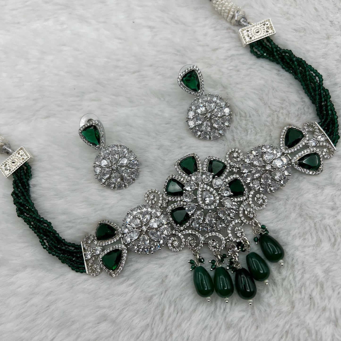 Fashion - Gorgeous Designer Emerald Green AD/CZ Stone, Bead Mix Choker Necklace Set