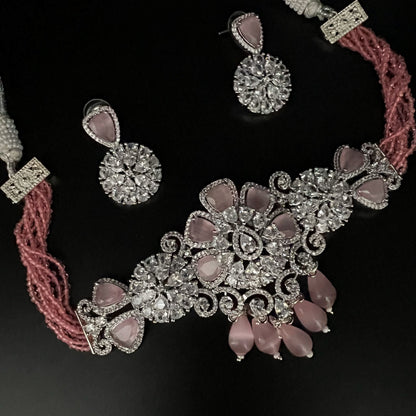 Fashion - Gorgeous Designer Pink AD/CZ Stone, Bead Mix Necklace Set