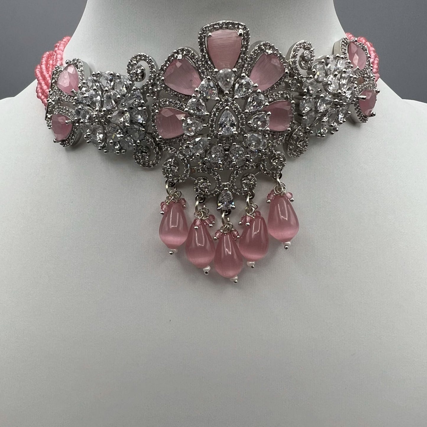 Fashion - Gorgeous Designer Pink AD/CZ Stone, Bead Mix Choker Necklace Set