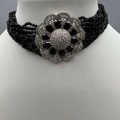 Fashion - Lovely Black Floral AD/CZ Stone, Bead Mix Choker Necklace Set