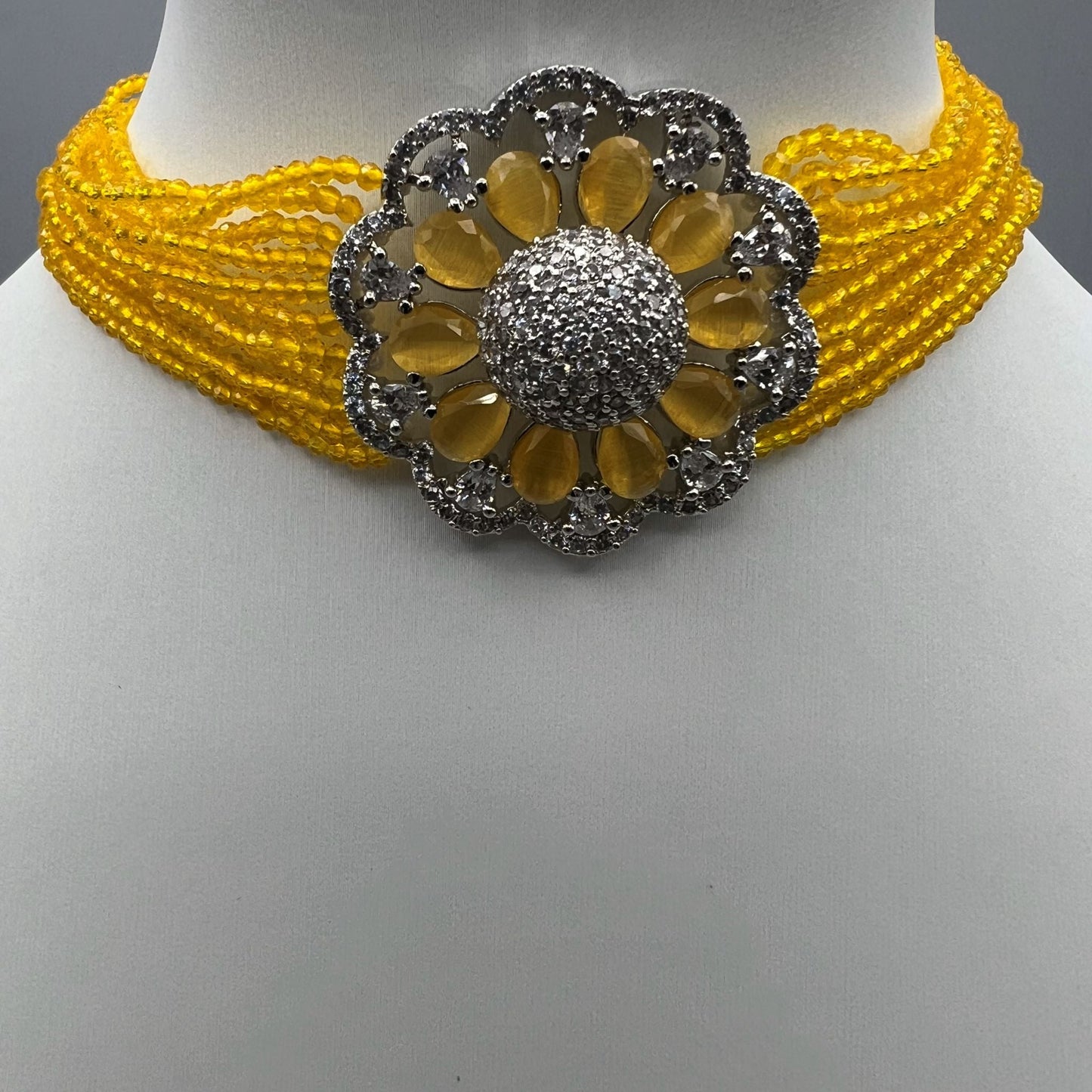 Fashion - Lovely Yellow Floral AD/CZ Stone, Bead Mix Choker Necklace Set