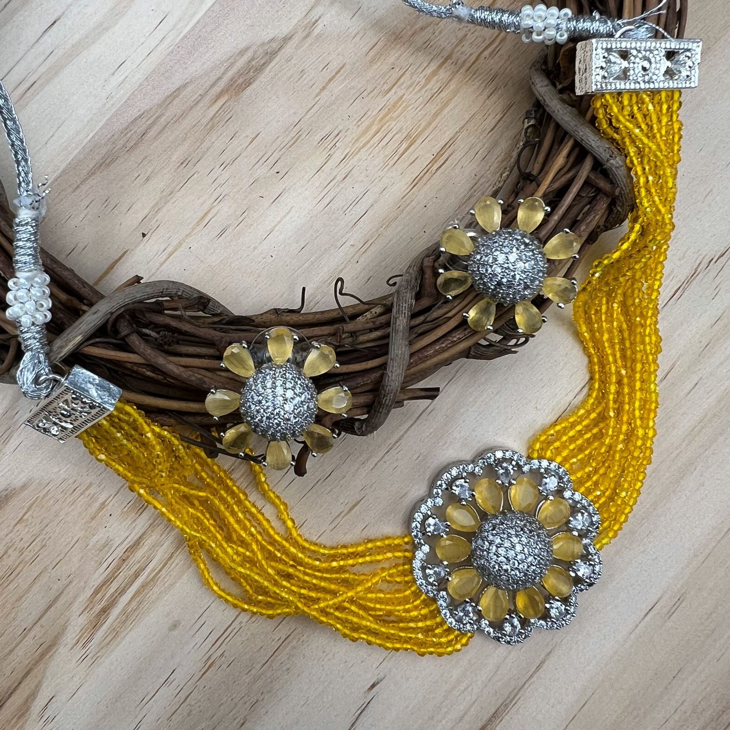 Fashion - Lovely Yellow Floral AD/CZ Stone, Bead Mix Choker Necklace Set