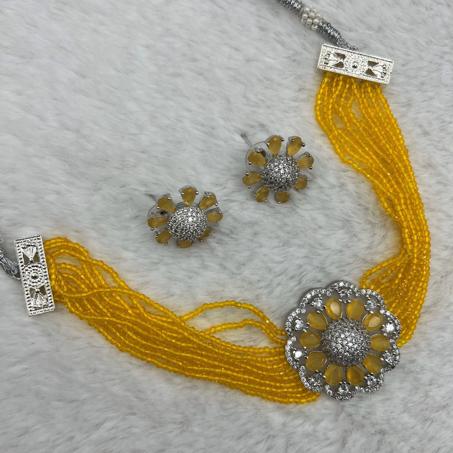 Fashion - Lovely Yellow Floral AD/CZ Stone, Bead Mix Choker Necklace Set