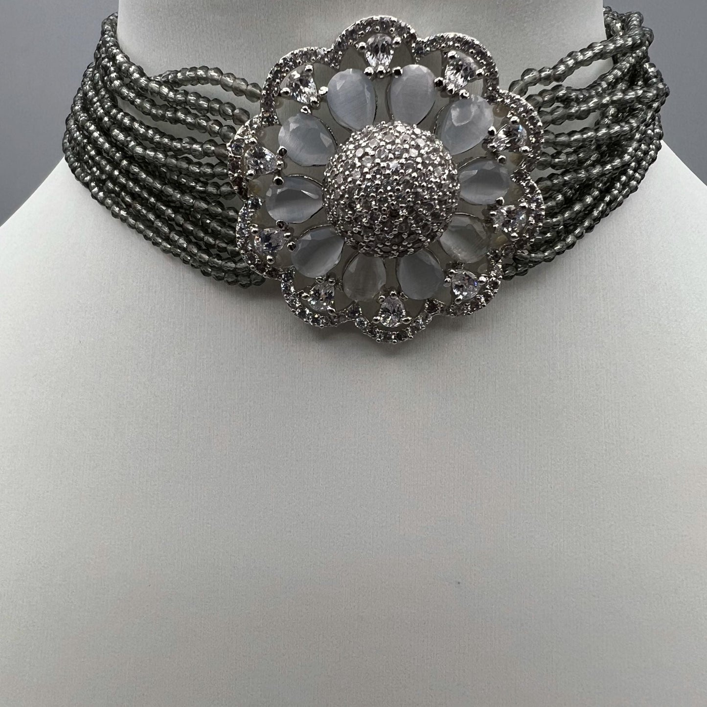 Fashion - Lovely Grey Floral AD/CZ Stone, Bead Mix Choker Necklace Set