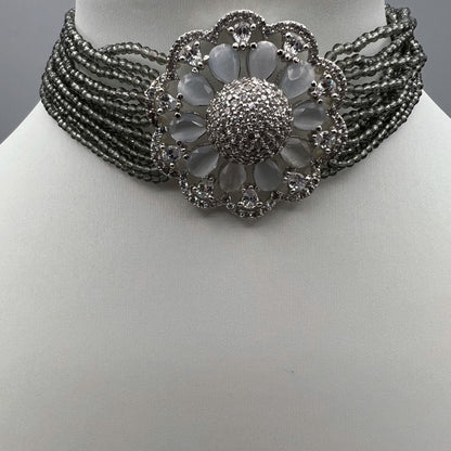 Fashion - Lovely Grey Floral AD/CZ Stone, Bead Mix Choker Necklace Set