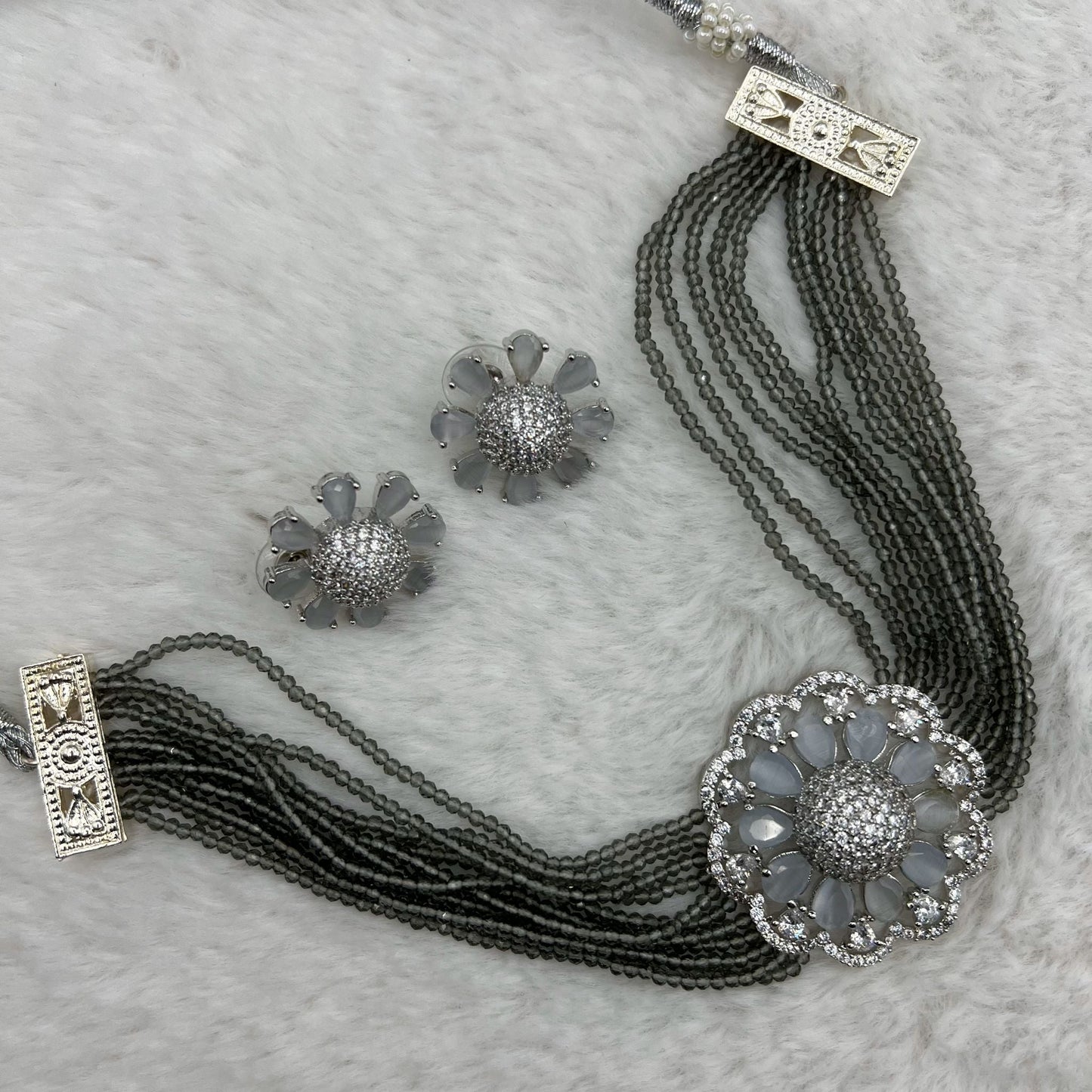 Fashion - Lovely Grey Floral AD/CZ Stone, Bead Mix Choker Necklace Set