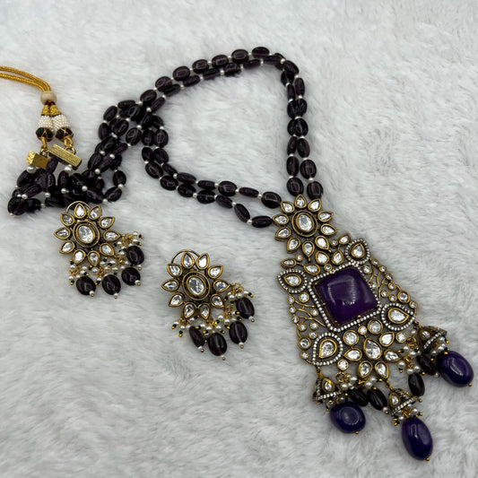 Fashion - Gorgeous Dark Purple Kundan, Bead Mix Necklace Set