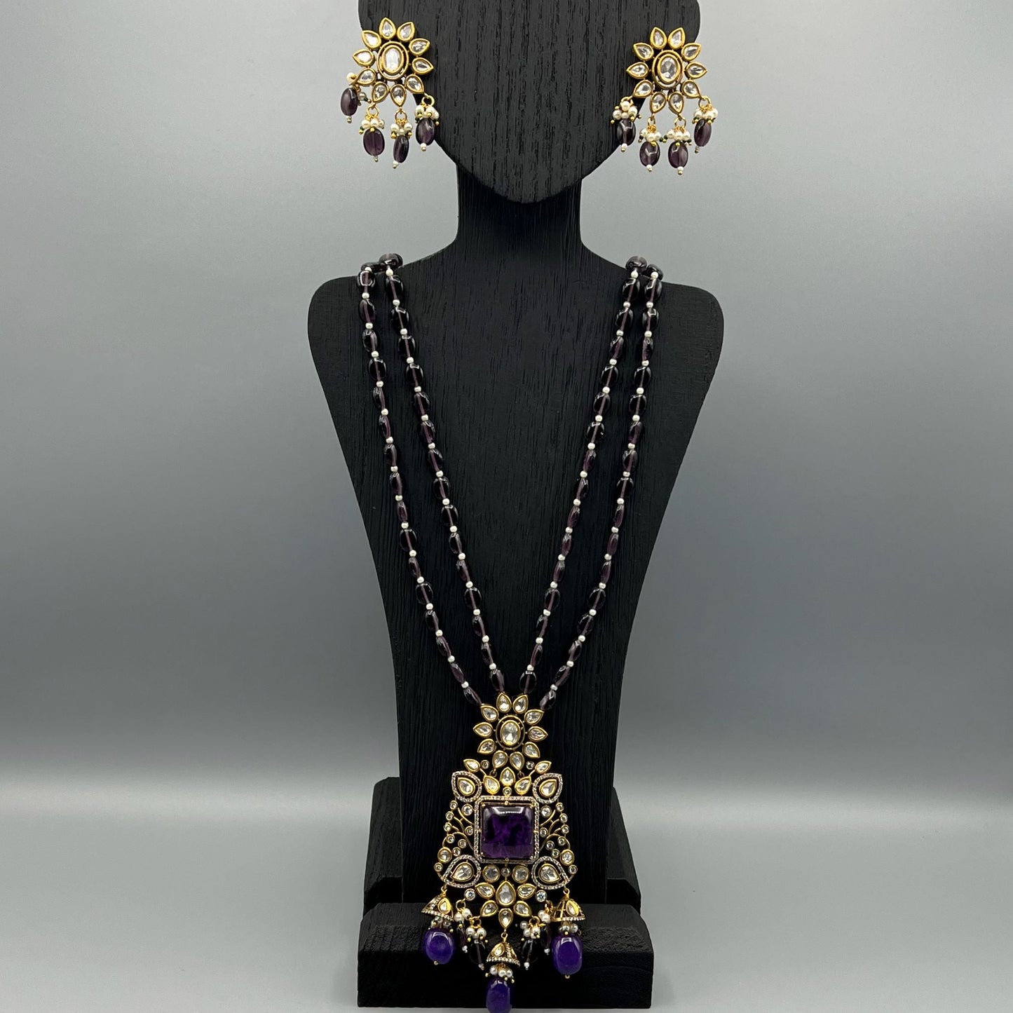 Fashion - Gorgeous Designer Victorian Style Dark Purple Kundan Polki, Bead Mix Long Necklace Set