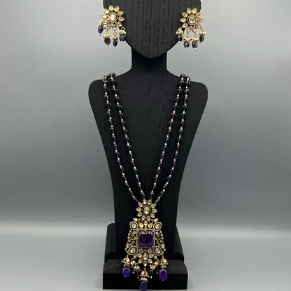 Fashion - Gorgeous Designer Victorian Style Dark Purple Kundan Polki, Bead Mix Long Necklace Set