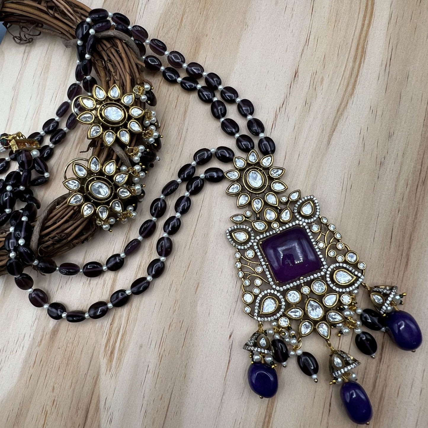 Fashion - Gorgeous Designer Victorian Style Dark Purple Kundan Polki, Bead Mix Long Necklace Set