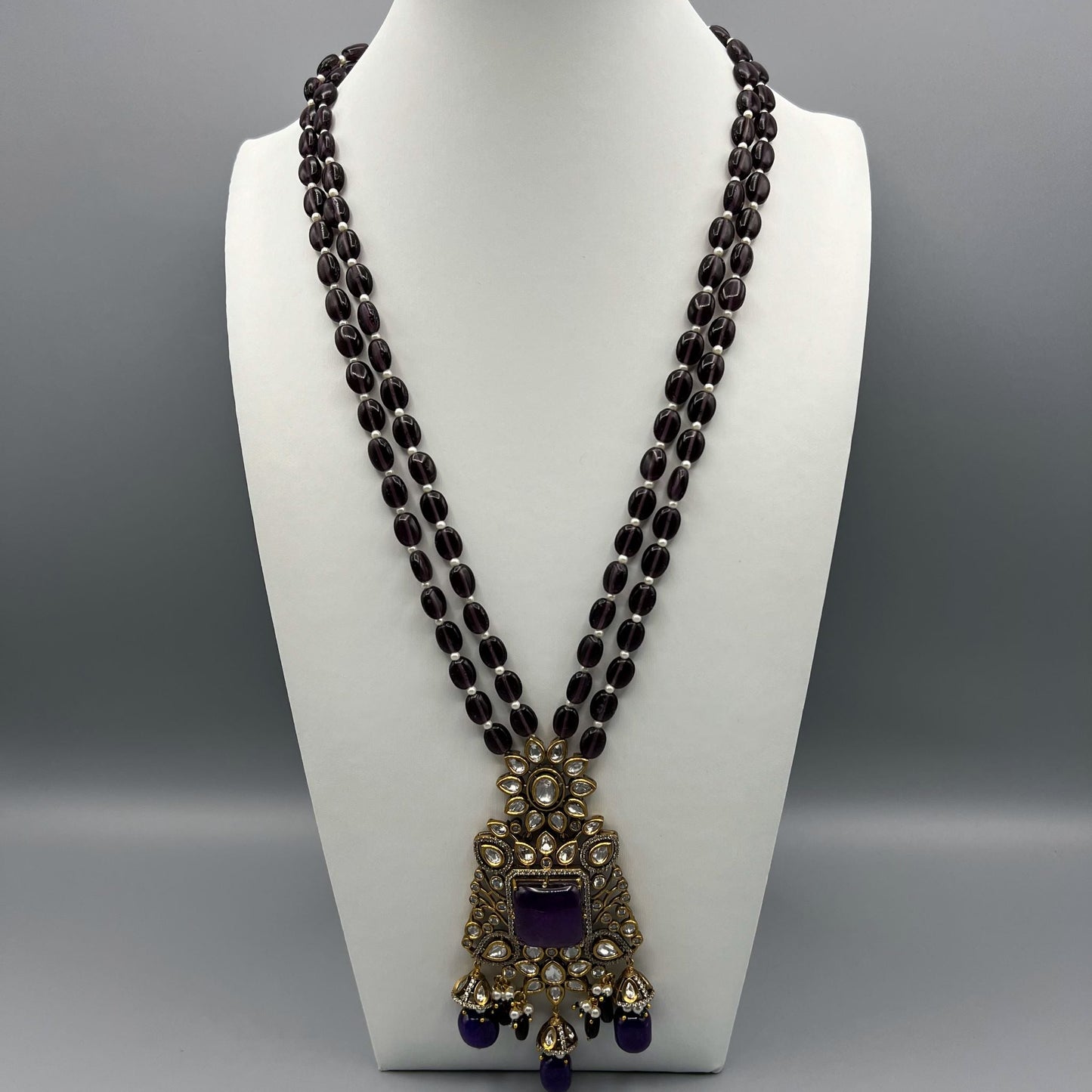 Fashion - Gorgeous Designer Victorian Style Dark Purple Kundan Polki, Bead Mix Long Necklace Set