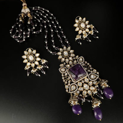 Fashion - Gorgeous Designer Victorian Style Dark Purple Kundan Polki, Bead Mix Long Necklace Set