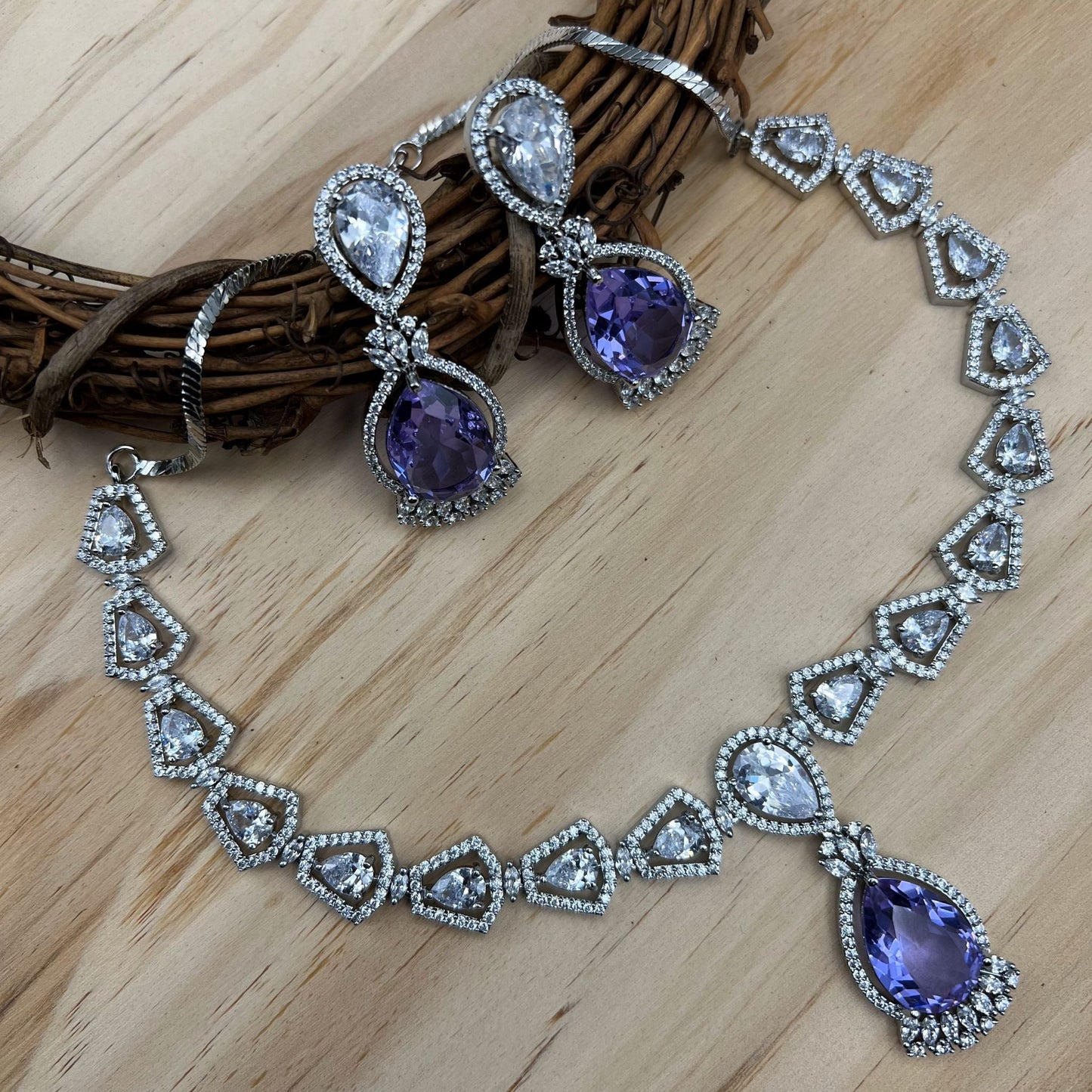 Fashion - Beautiful Designer Lavender Purple AD/CZ Stone Necklace Set