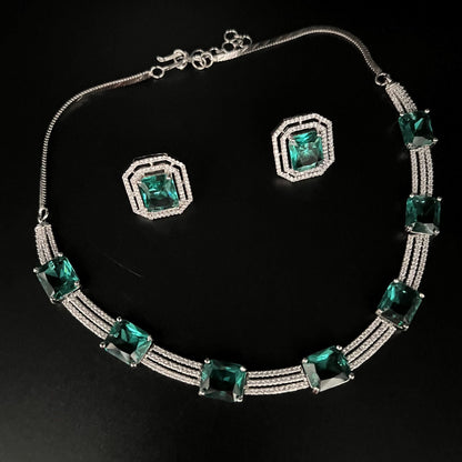 Fashion - Trendy Teal Green AD/CZ Stone Necklace Set