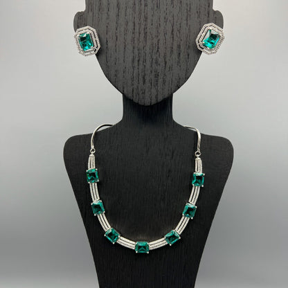 Fashion - Trendy Teal Green AD/CZ Stone Necklace Set