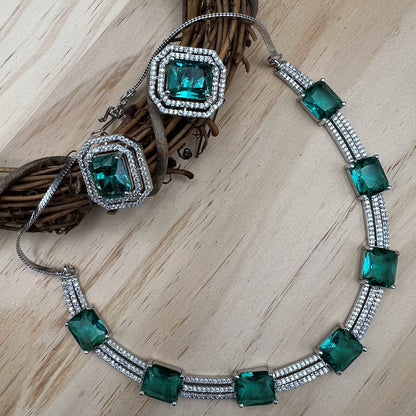 Fashion - Trendy Teal Green AD/CZ Stone Necklace Set