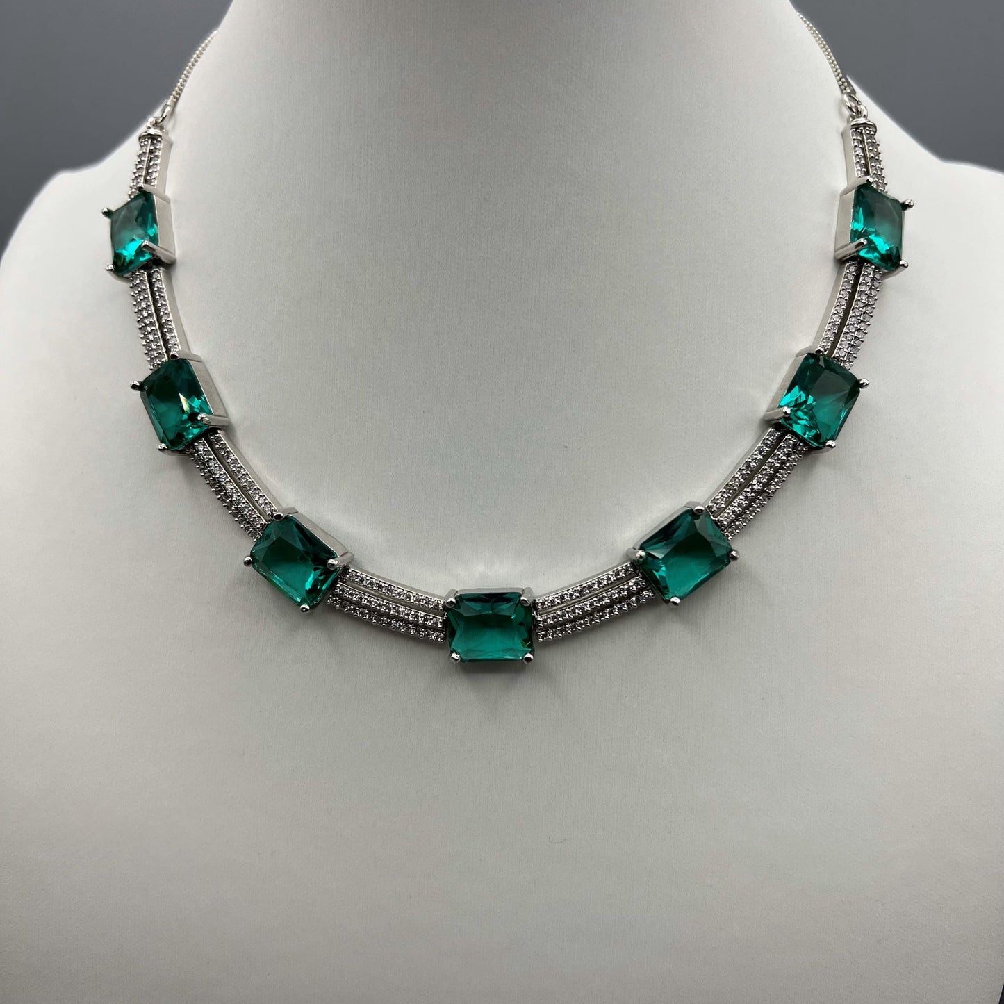 Fashion - Trendy Teal Green AD/CZ Stone Necklace Set