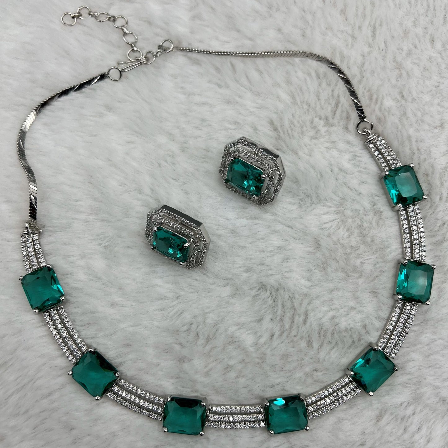 Fashion - Trendy Teal Green AD/CZ Stone Necklace Set