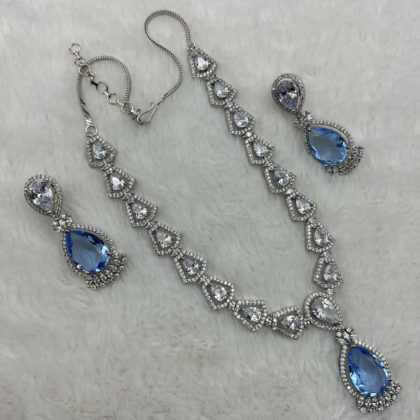 Fashion - Beautiful Designer Light Blue AD/CZ Stone Necklace Set