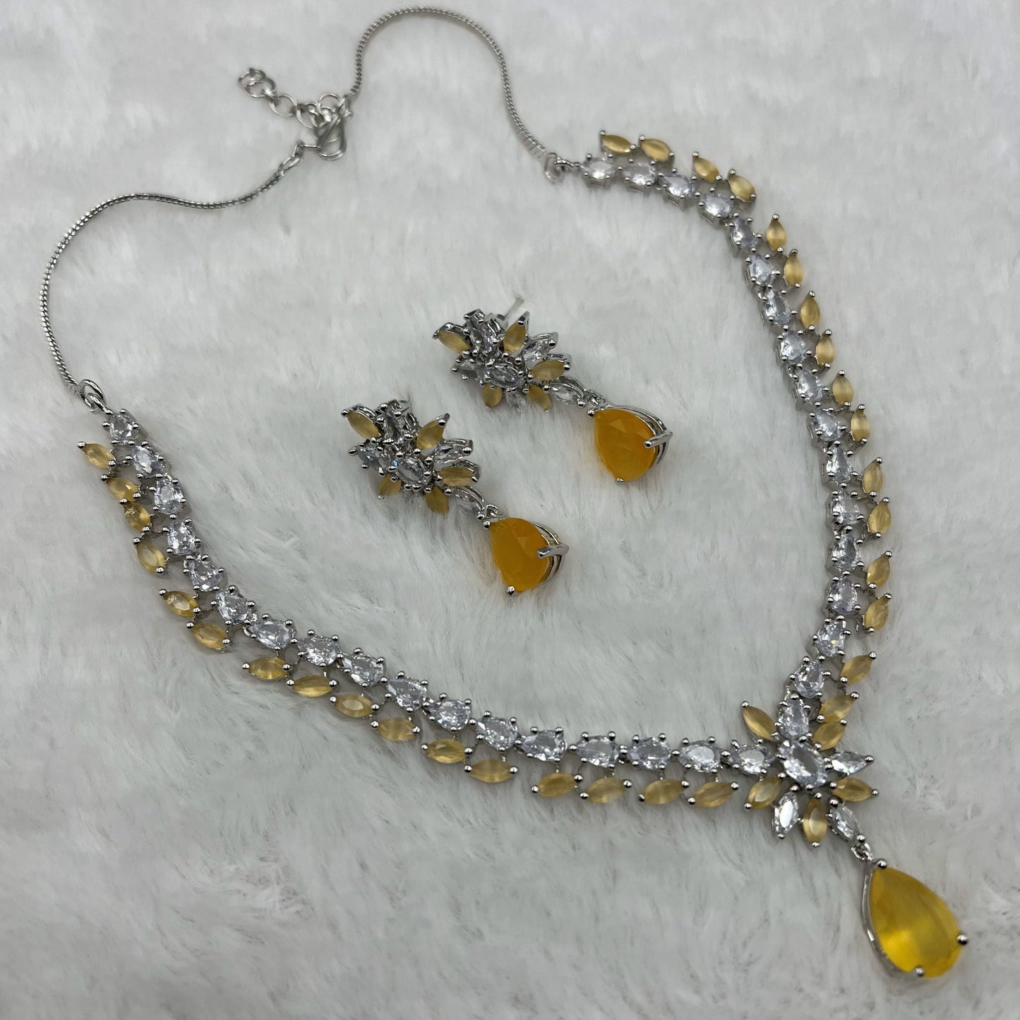 Fashion - Sleek Light Yellow AD/CZ Stone Necklace Set