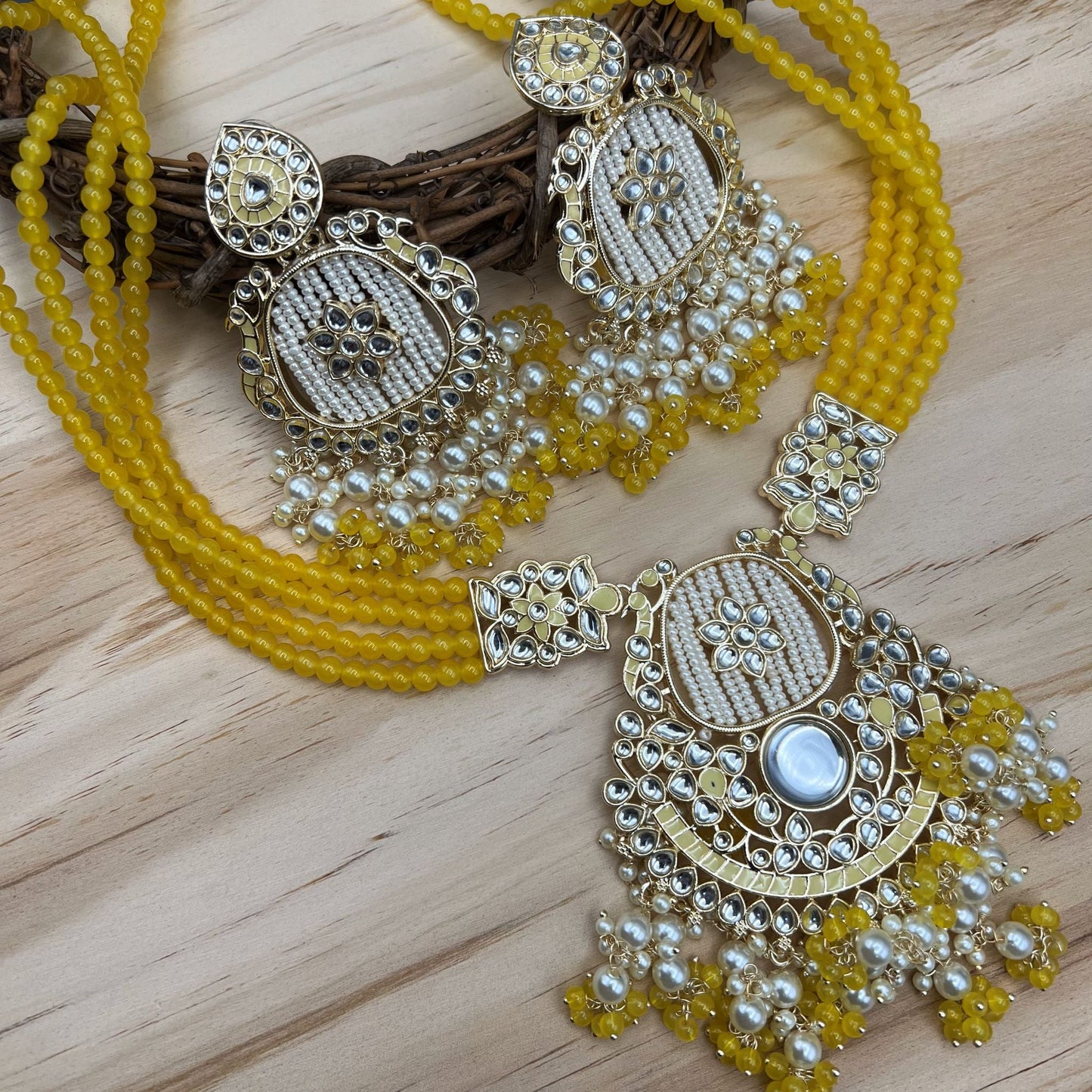 Fashion - Bold Yellow Kundan, Bead Mix Jewelry Set with Long Necklace