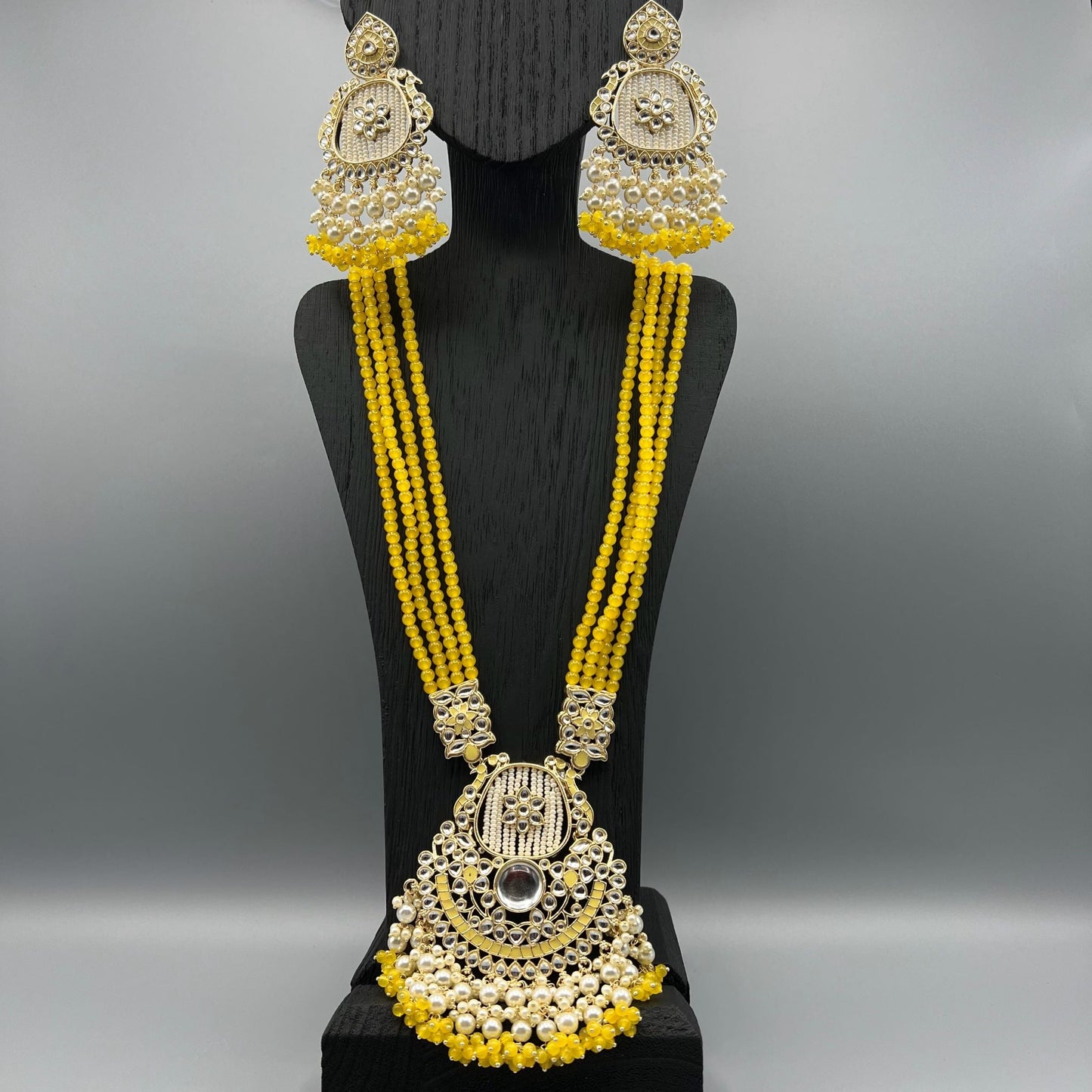 Fashion - Bold Yellow Kundan, Bead Mix Jewelry Set with Long Necklace