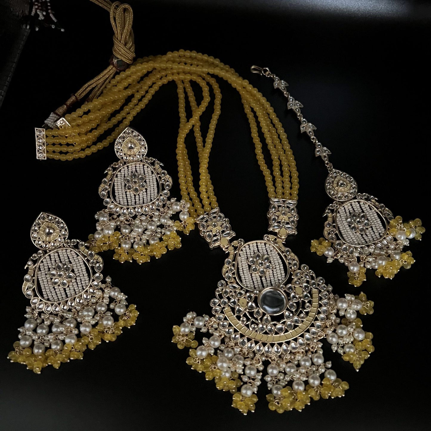 Fashion - Bold Yellow Kundan, Bead Mix Jewelry Set with Long Necklace