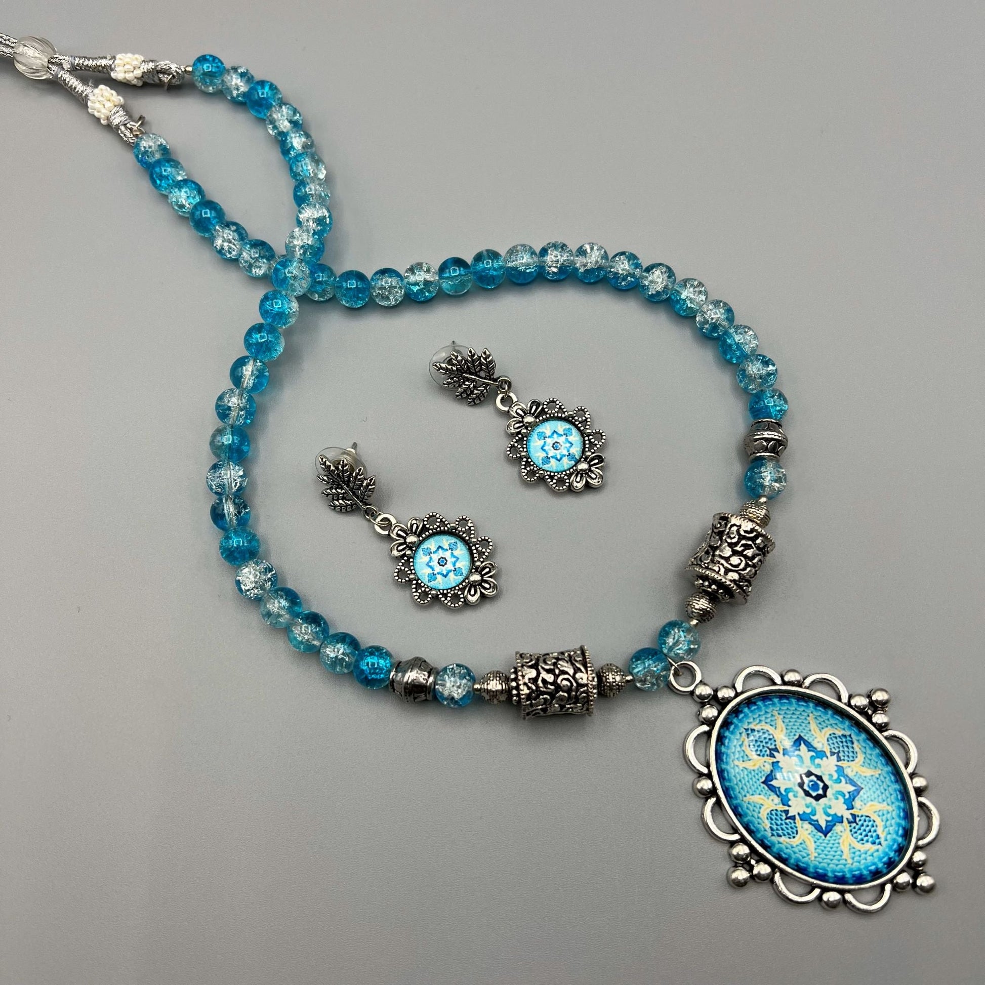 Fashion - Lovely Blue Oxidized, Bead Mix Necklace Set