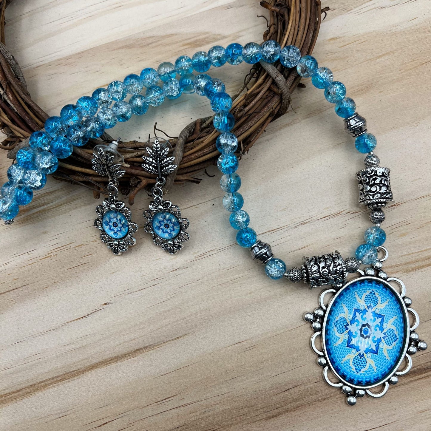 Fashion - Lovely Blue Oxidized, Bead Mix Necklace Set