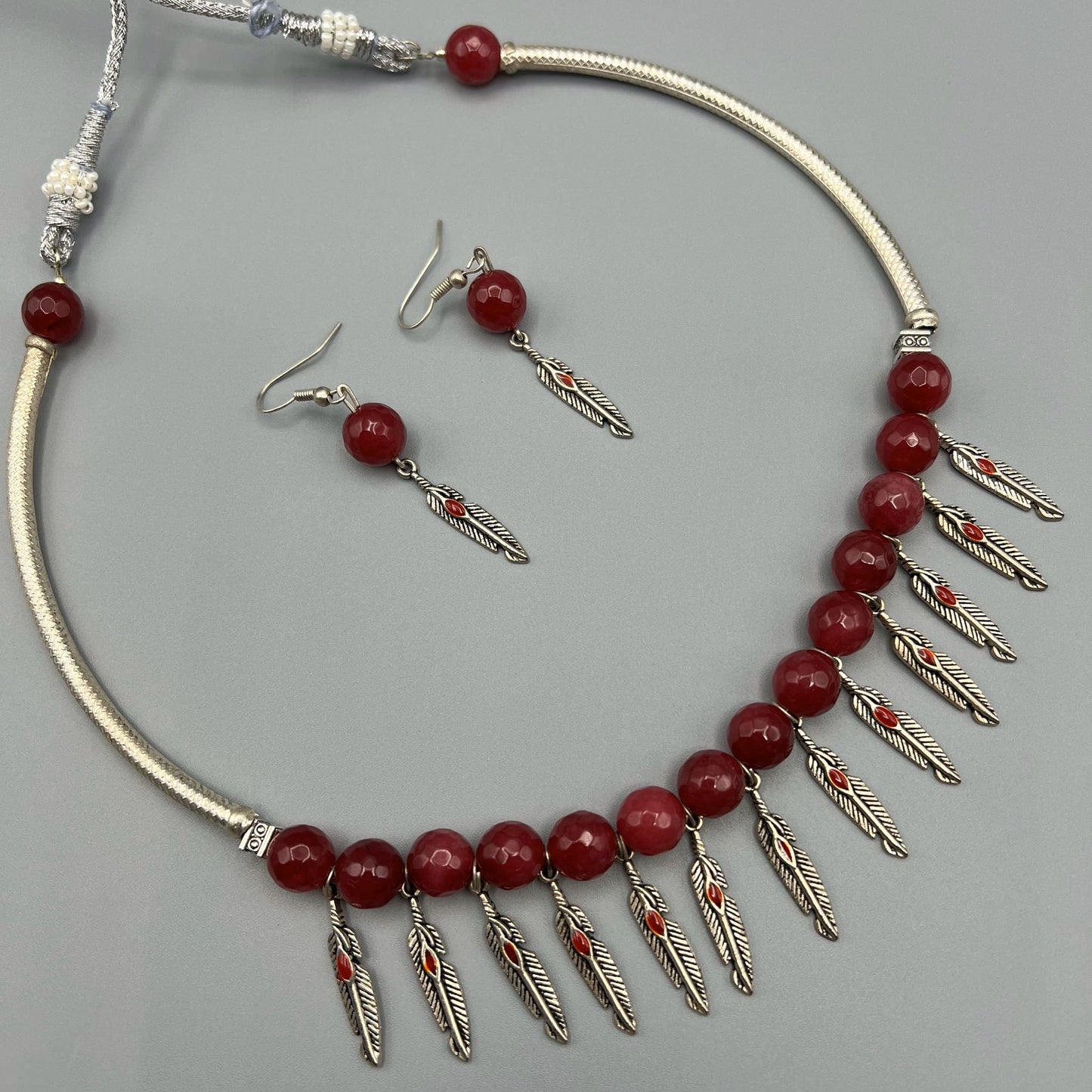 Fashion - Cuff/Hasli Tribal Style With Leaf Charms Red Oxidized Necklace Set