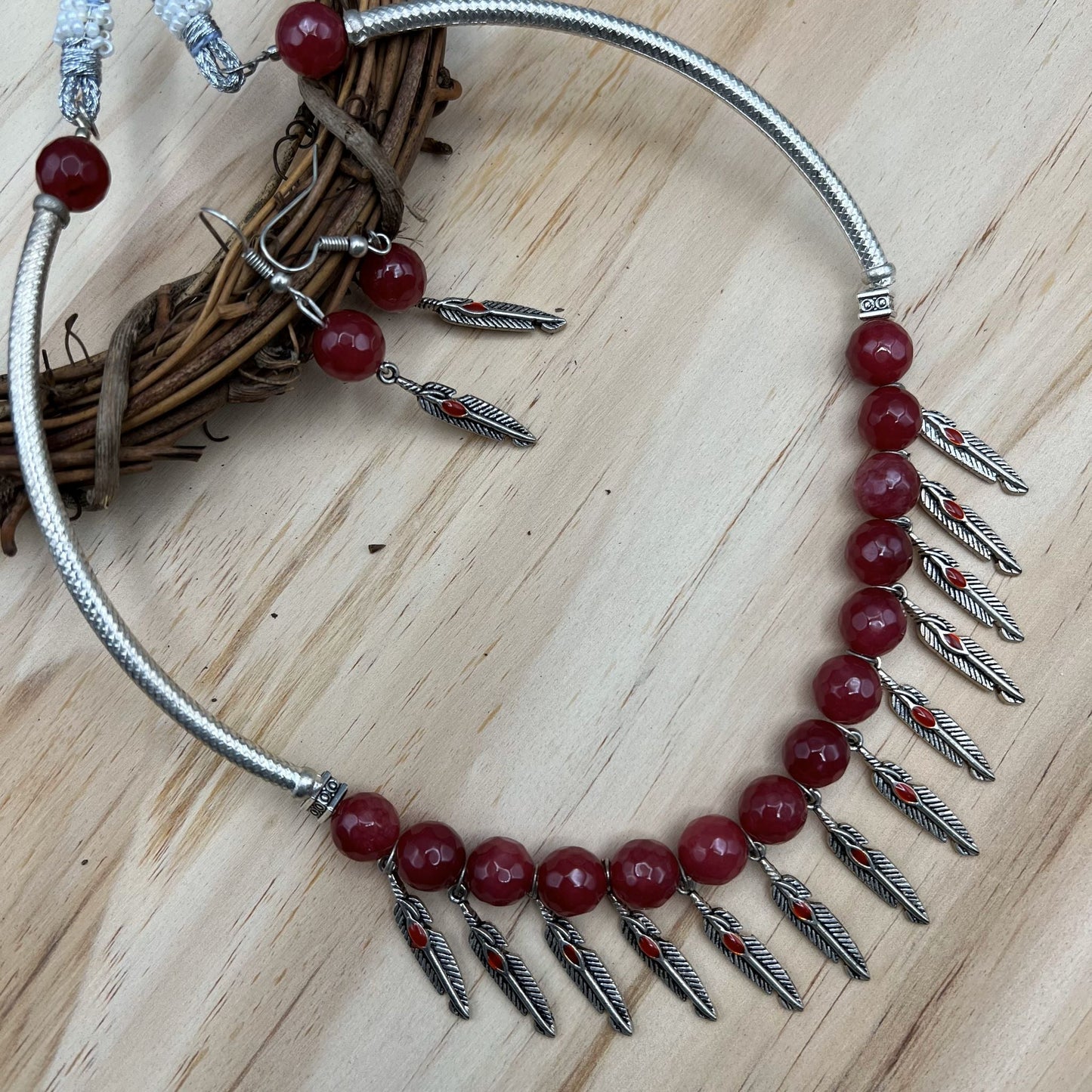 Fashion - Cuff/Hasli Tribal Style With Leaf Charms Red Oxidized Necklace Set