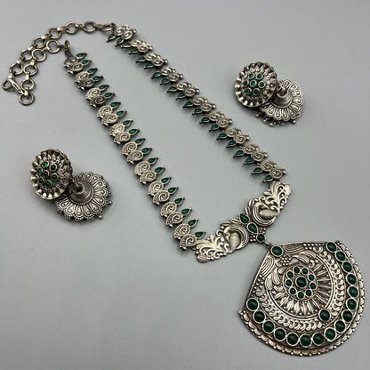 Fashion - Silver Replica Peacock Design Green Oxidized Necklace Set