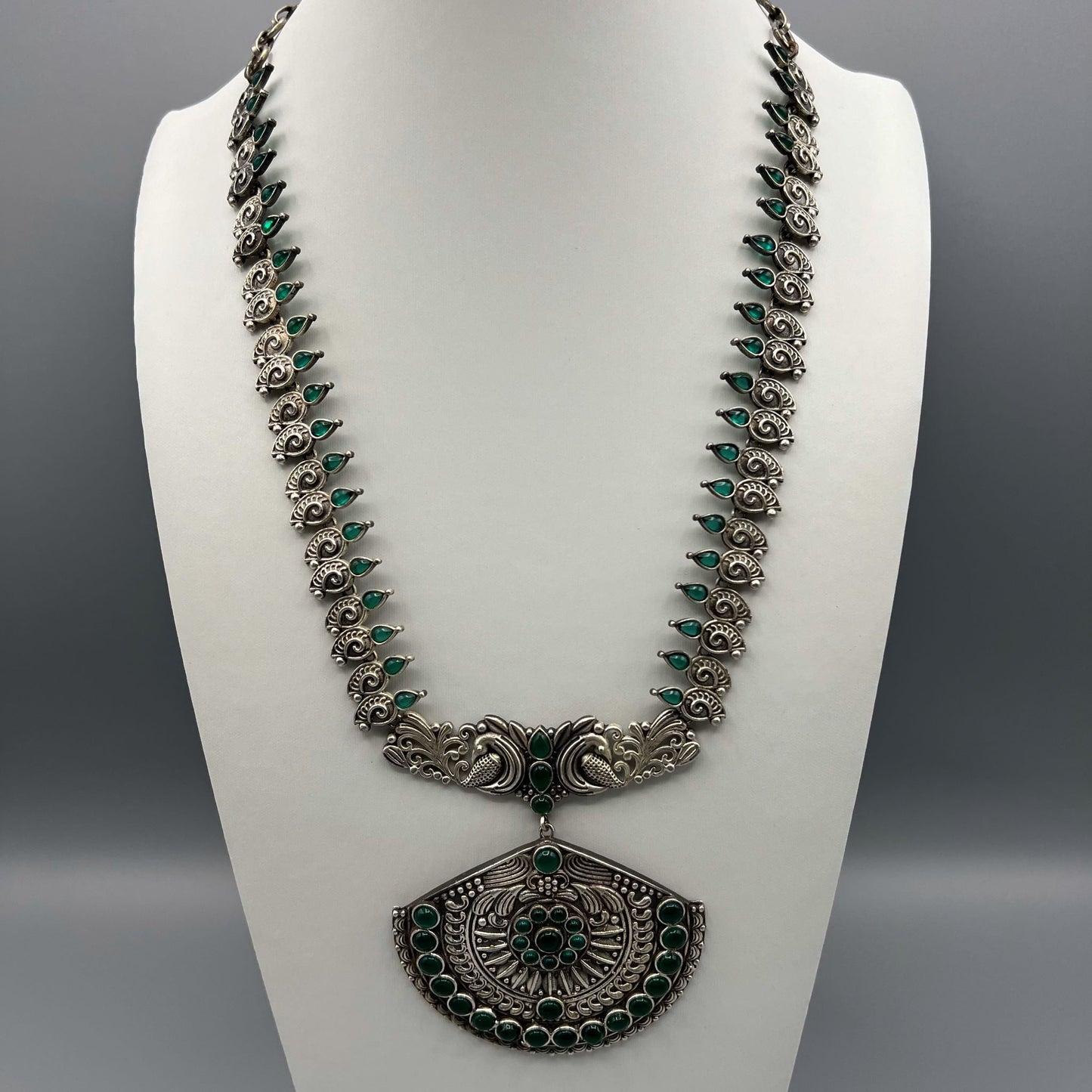 Fashion - Silver Replica Peacock Design Green Oxidized Necklace Set