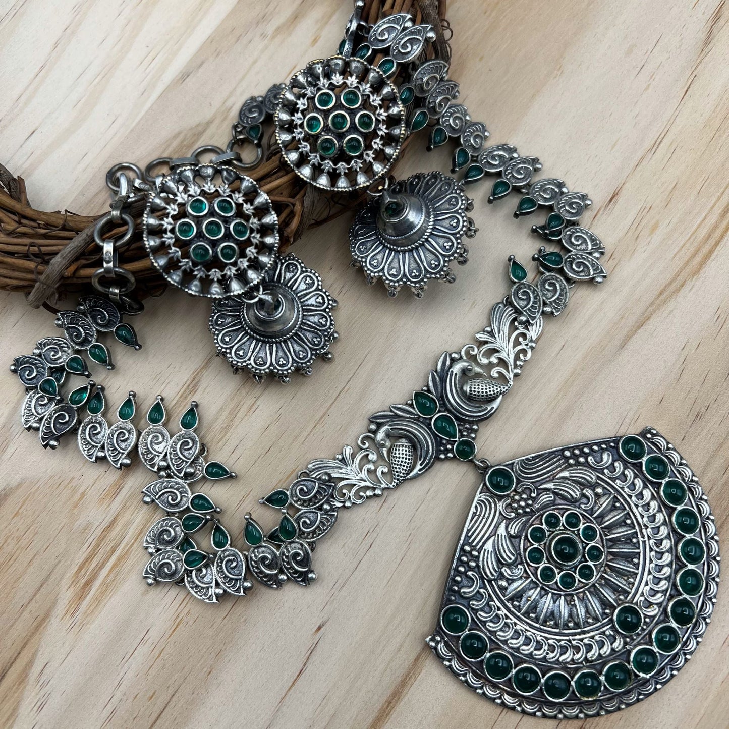 Fashion - Silver Replica Peacock Design Green Oxidized Necklace Set