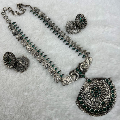 Fashion - Silver Replica Peacock Design Green Oxidized Necklace Set