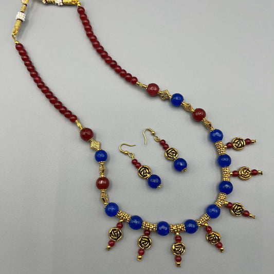 Fashion - Rose Motifs Red & Blue Oxidized, Bead Mix Necklace Set