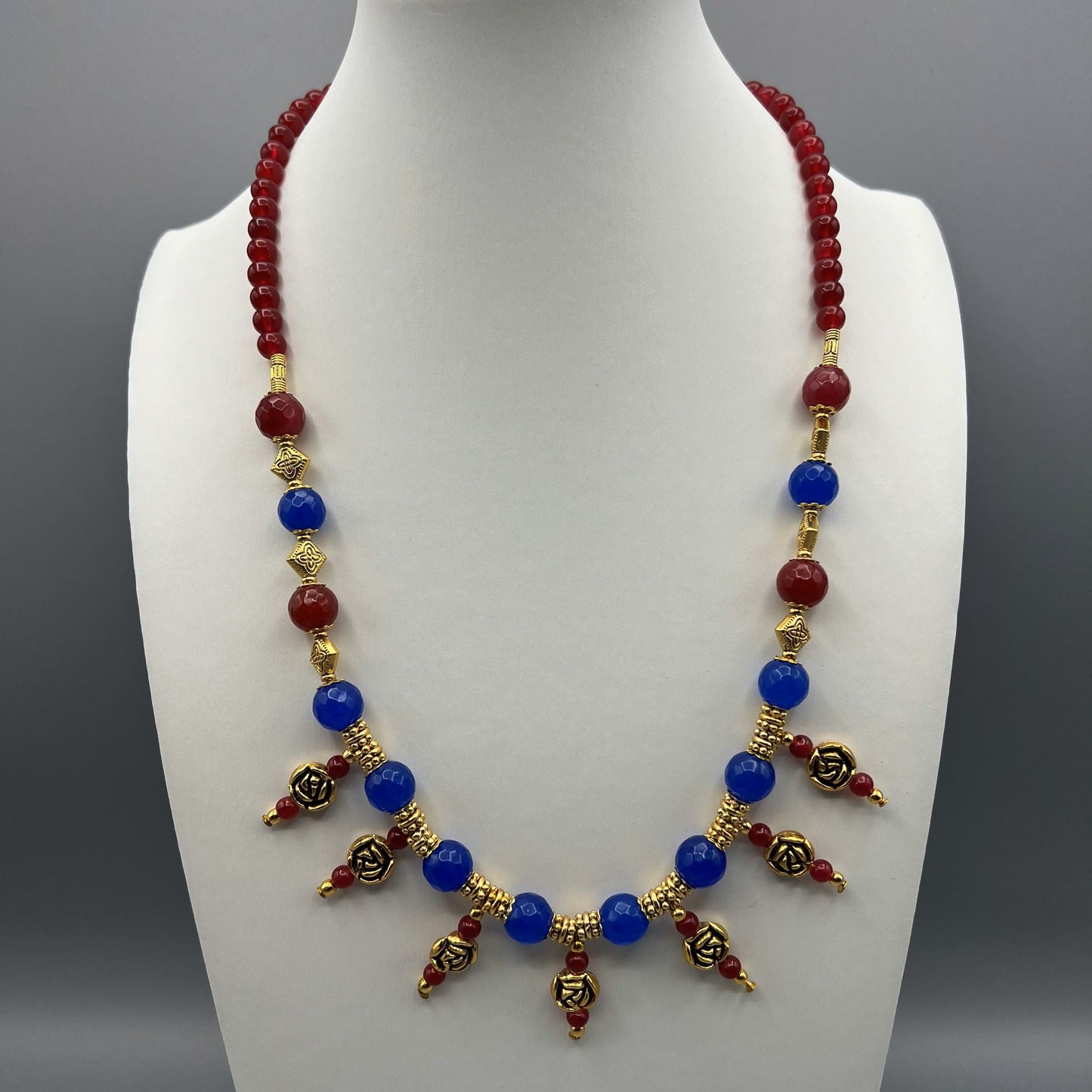 Fashion - Rose Motifs Red & Blue Oxidized Gold Tone, Bead Mix Long Necklace Set