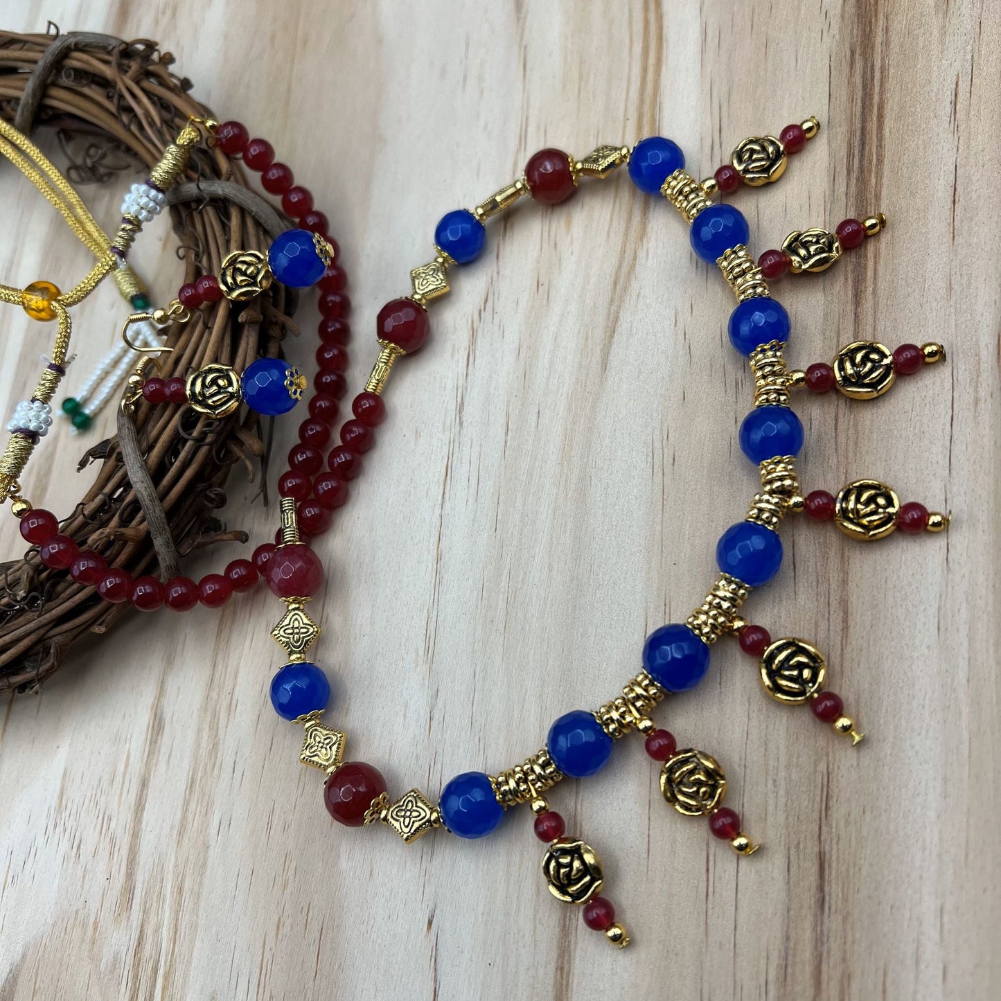 Fashion - Rose Motifs Red & Blue Oxidized Gold Tone, Bead Mix Long Necklace Set