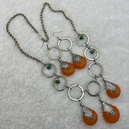 Fashion - Trendy Unique Design Orange Oxidized Long Necklace Set