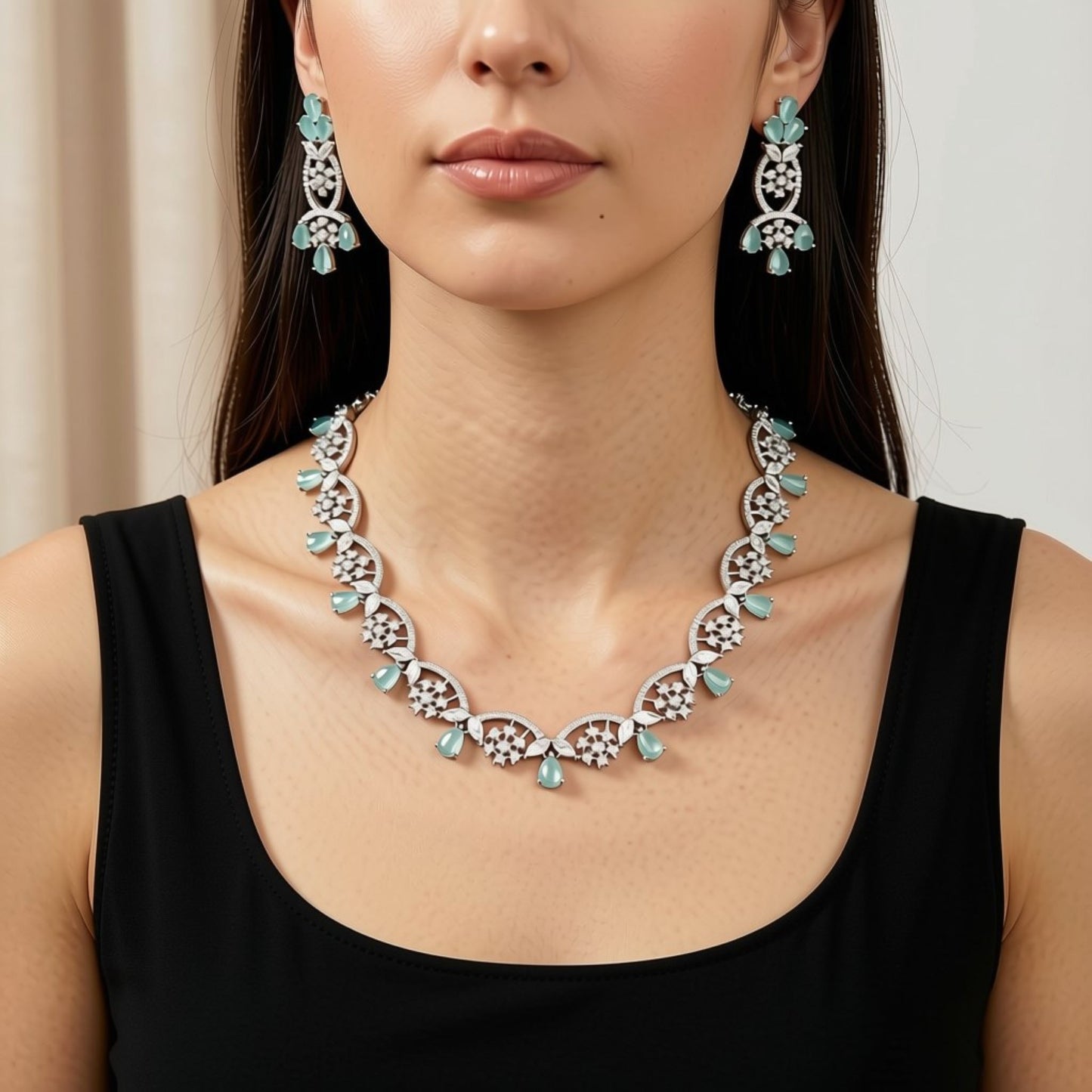 Fashion Premium - Elegant Floral Design Mint Green AD/CZ Stone Necklace Set