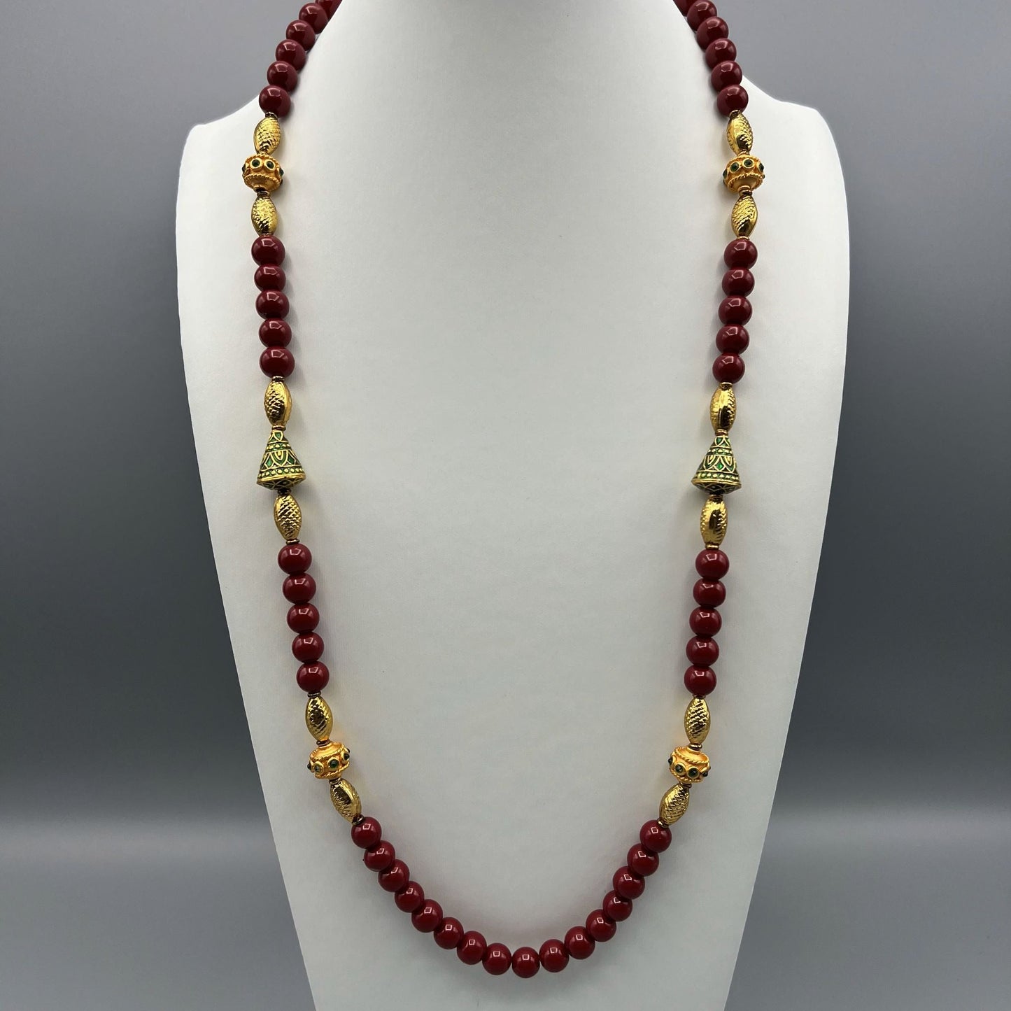 Fashion - Meenakari Enamel Work Maroon Antique Traditional, Bead Mix Long Necklace Set