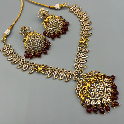 Fashion - Exclusive Peacock Design Maroon Antique Traditional Necklace Set