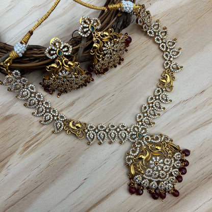 Fashion - Exclusive Peacock Design Maroon Antique Traditional Necklace Set